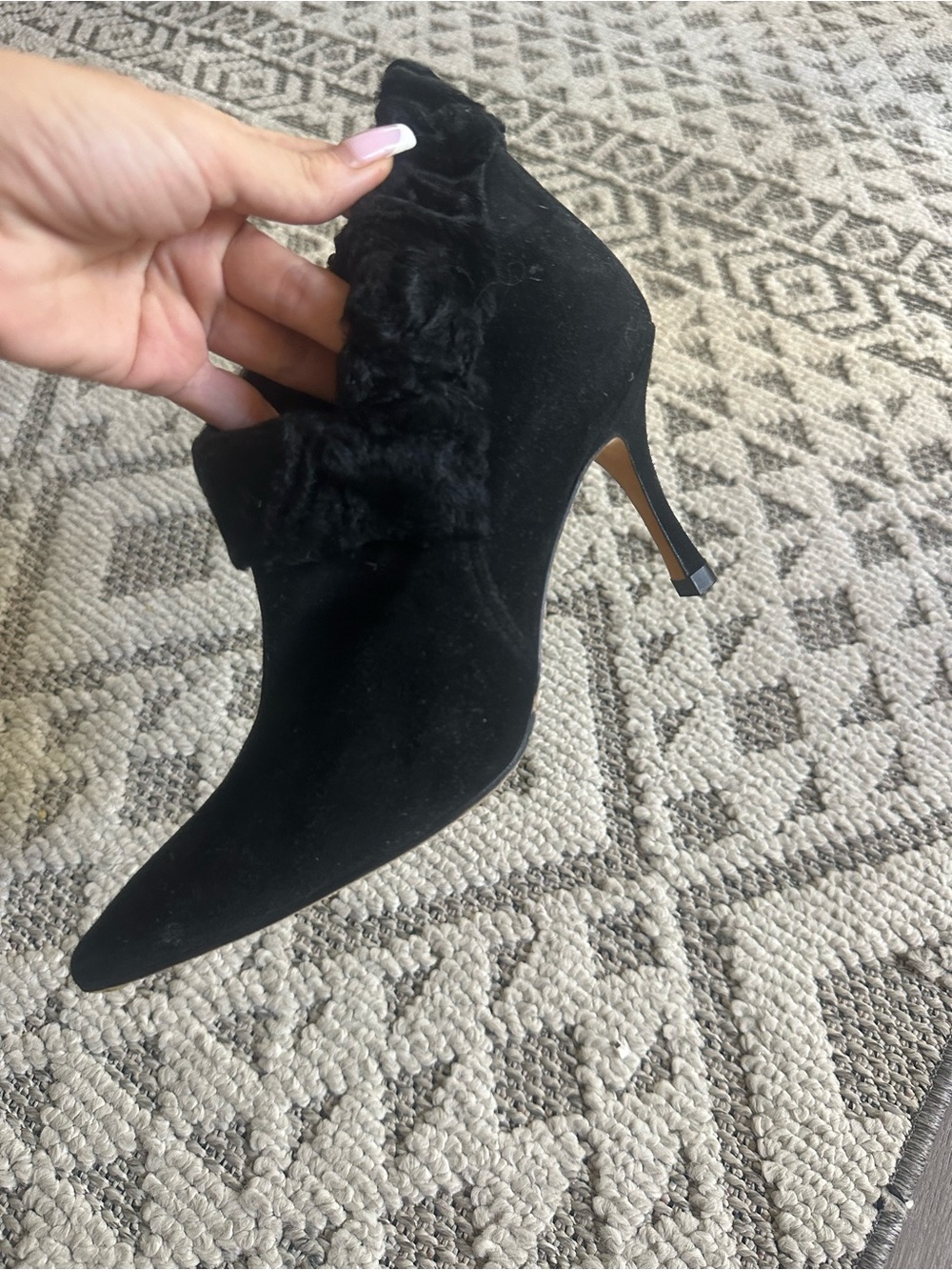 Manolo Blahnik Black Pointed Toe Fur Trim Stiletto Ankle Boots Vintage